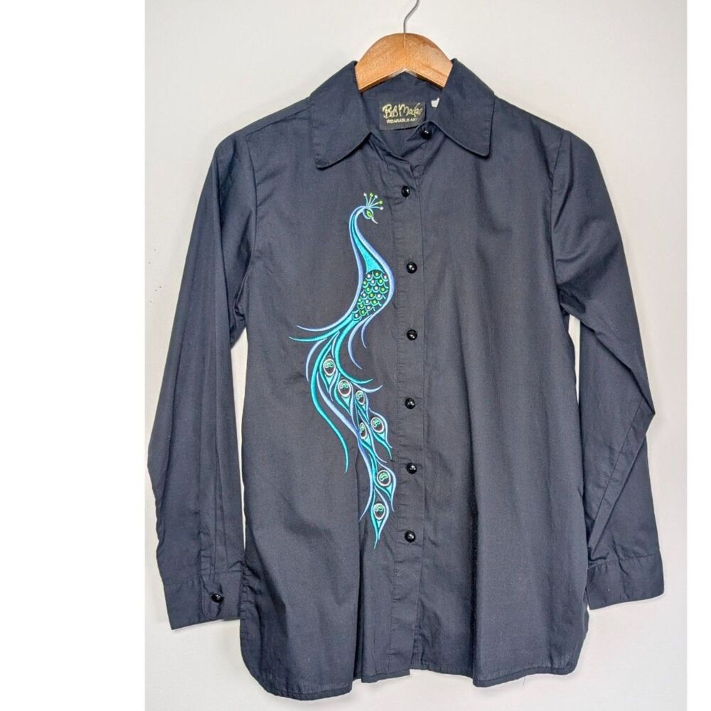 Vintage Bob Mackie Wearable Art Peacock Embroidered Black Button Shirt XS - Picture 2 of 7